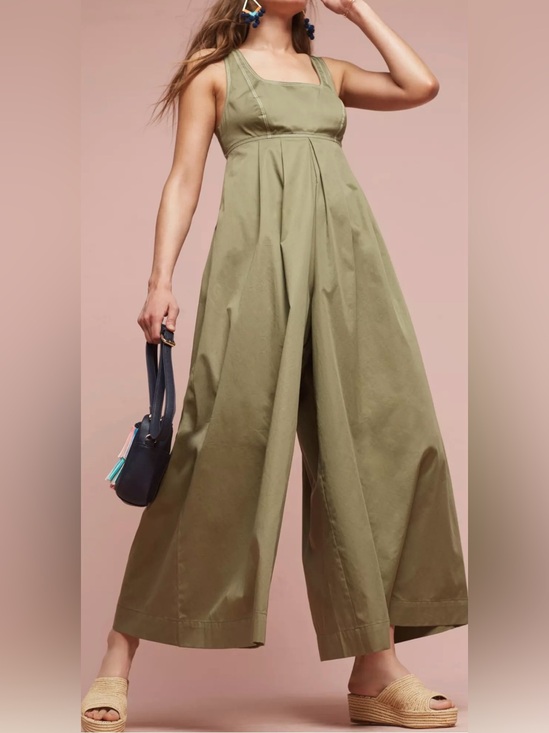 HD in Paris Pants - HD in Paris by Anthropologie Cotton Olive Green Wide-Leg Jumpsuit - Size 12